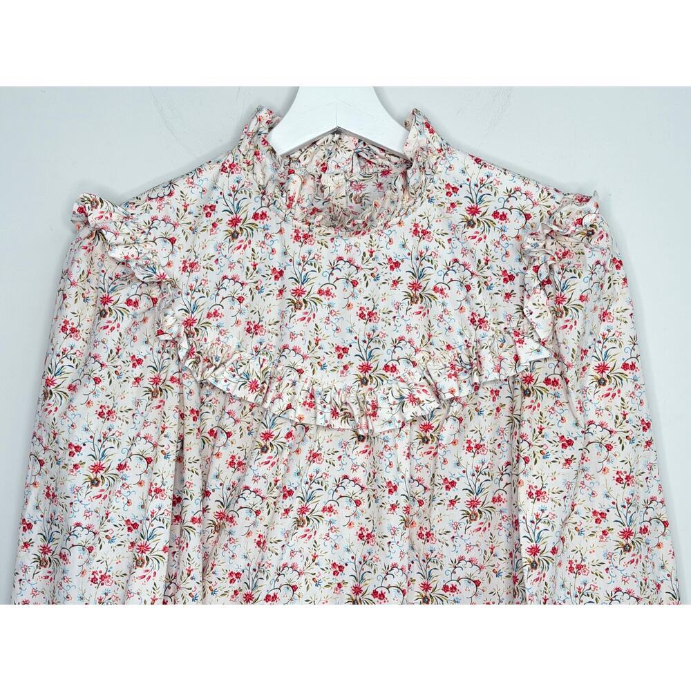 La Vie by Rebecca Taylor Floral Ruffle Neck Blouse Cream w/ Red & Green Small - Picture 3 of 12